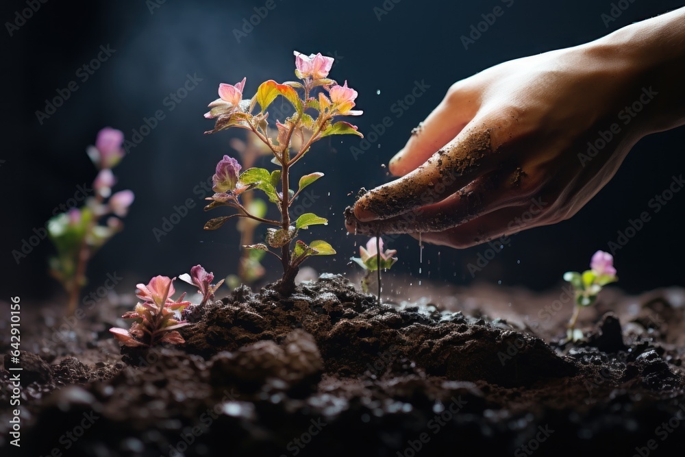 Fototapeta premium Hand planting and watering small plants in the ground