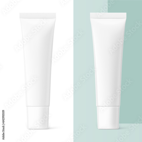 Blank plastic tube mockup with box. Vector illustration isolated on white background. Can be use for your design, advertising, promo and etc. EPS10.	