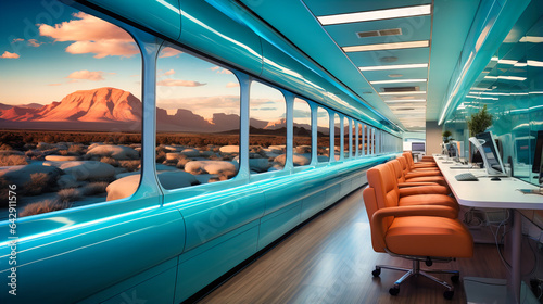 Travel-inspired office spaces resembling train compartments or airplane cabins. photo