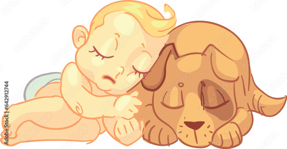 Obraz premium Toddler and puppy sleeping together. Cute little friends