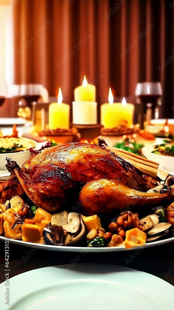  a Thanksgiving scene featuring a plump, roasted turkey as the central focus.
