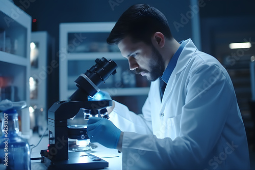 A laboratory technician analyzing a blood sample with a microscope