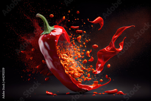 Fotografie, Obraz Explode of red pepper on black