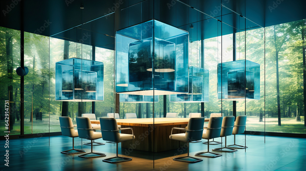 Ultra-modern glass cube meeting rooms suspended in air.