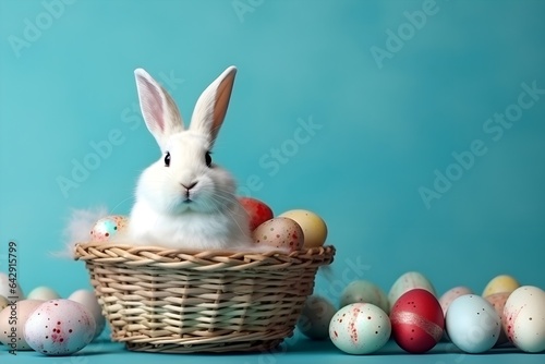 Blue Happy Easter Background with white Easter bunny rabbit and colorful pastel easter eggs 