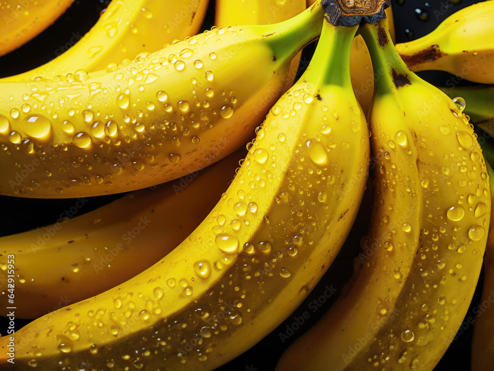 Bunch of fresh bananas with water drops on black background, close up. created by generative AI technology.