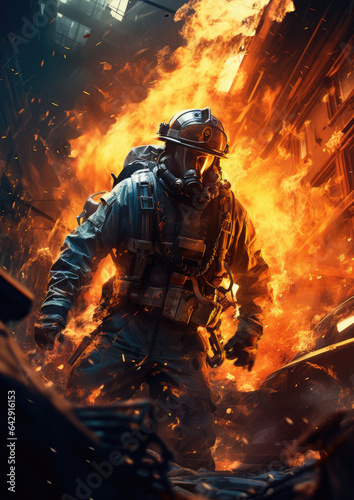 Firefighter in uniform and helmet fighting fire in a burning building. created by generative AI technology.