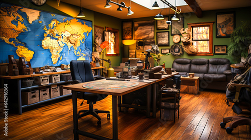 Adventure travel agency office with world maps and expedition gear.