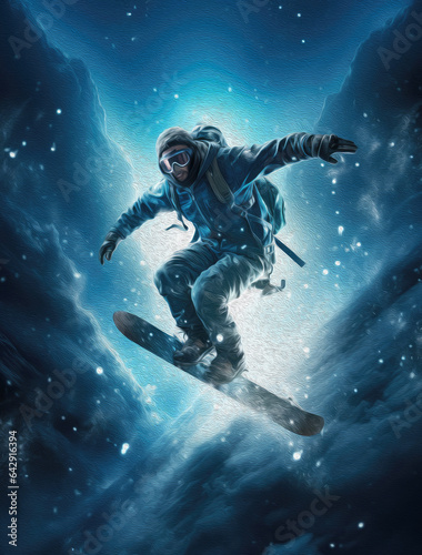 Snowboarder jumping in the snow. 3d illustration. created by generative AI technology.