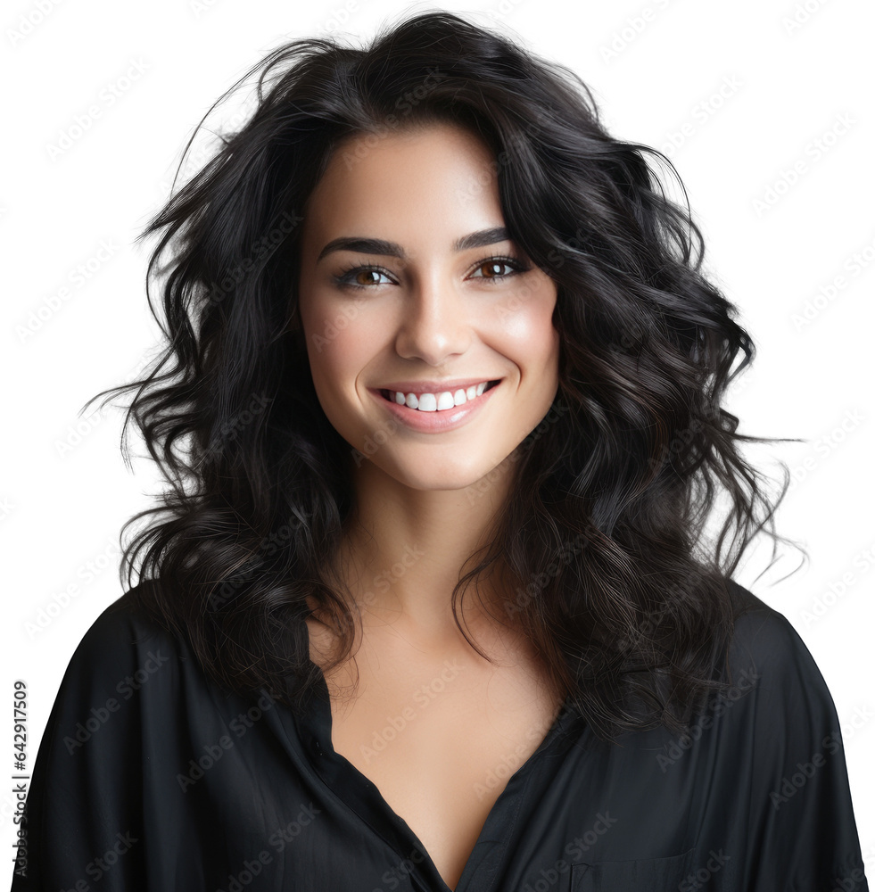 Portrait of a natural beautiful smiling woman with black hair isolated on a white background as transparent PNG Portrait of a natural beautiful smiling woman with black hair isolated on a white background as transparent PNG