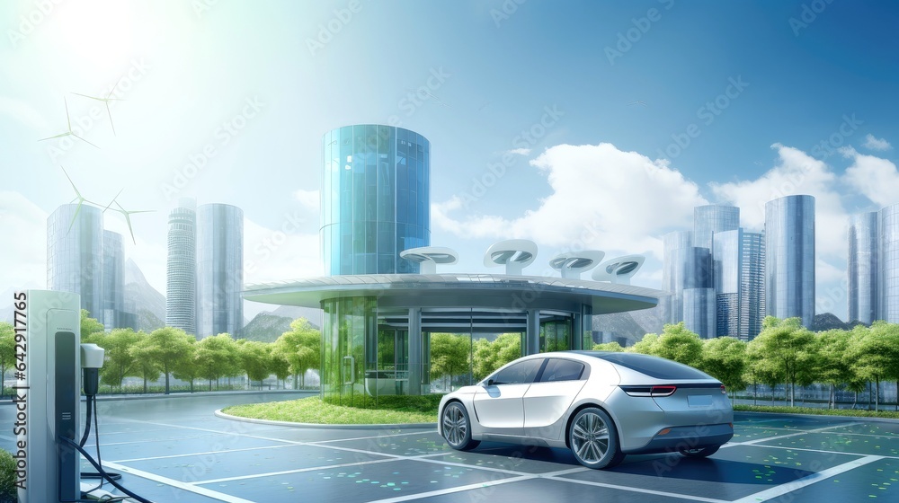 Electric car at futuristic charging station. Selected focusing. Eco alternative transport and battery charging technology concept, electric hybrid machine Electric car at futuristic charging station. Selected focusing. Eco alternative transport and battery charging technology concept, electric hybrid machine