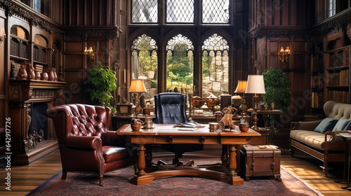 Classic English manor office with wood paneling and antique decor.