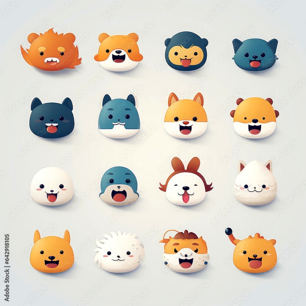 Set of animal faces, face emojis, stickers, emoticons,cartoon funny mascot characters face set Set of animal faces, face emojis, stickers, emoticons,cartoon funny mascot characters face set