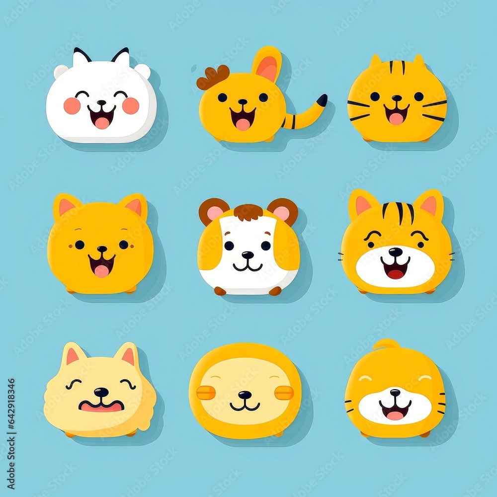 Fototapeta premium Set of animal faces, face emojis, stickers, emoticons,cartoon funny mascot characters face set