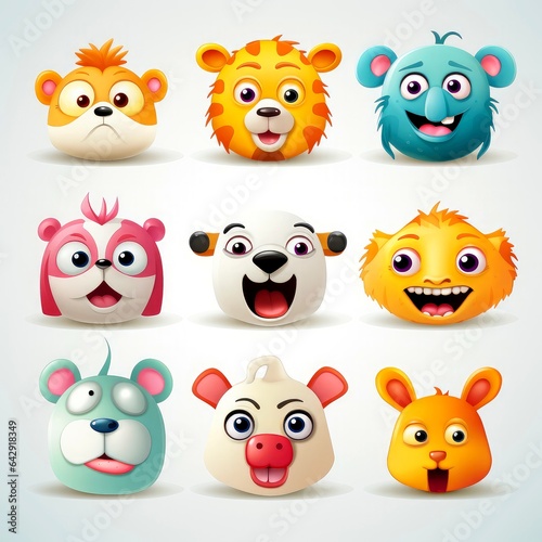 Set of animal faces, face emojis, stickers, emoticons,cartoon funny mascot characters face set