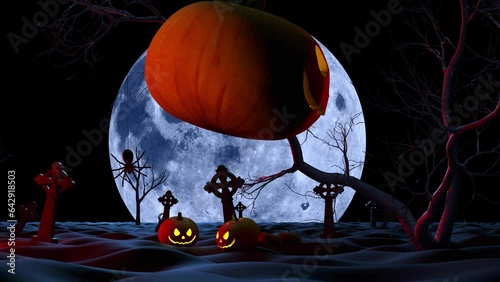 
All Saints Day and a huge pumpkin against the background of a cemetery and the moon.
Atmospheric halloween background. Day of the Dead. photo