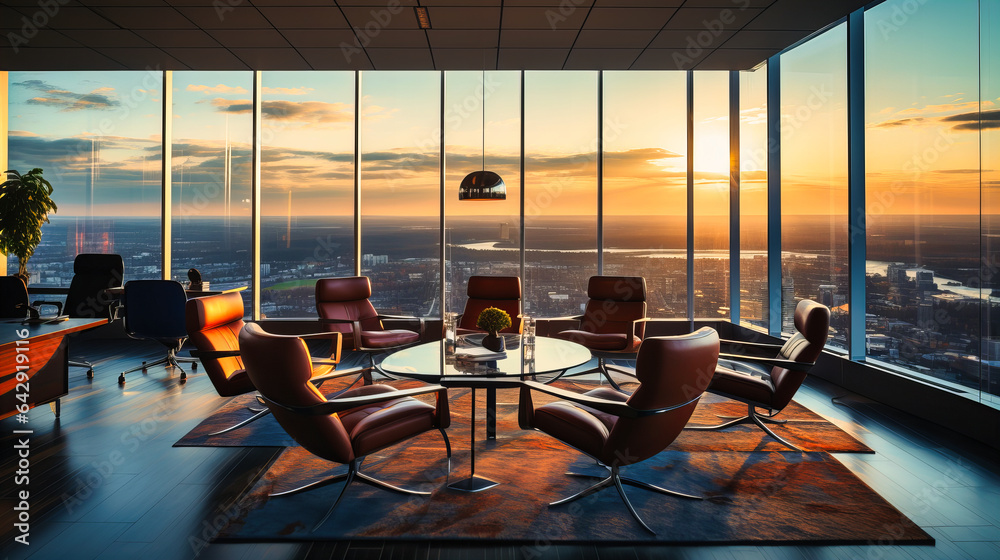 Skyline lounge office atop a high-rise with telescopic views Stock ... - High-Rise Condominiums With Office Nooks For Rent