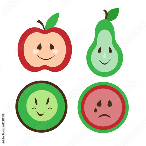 Cute fruits, apple, pear, kiwi, watermelon characters set.