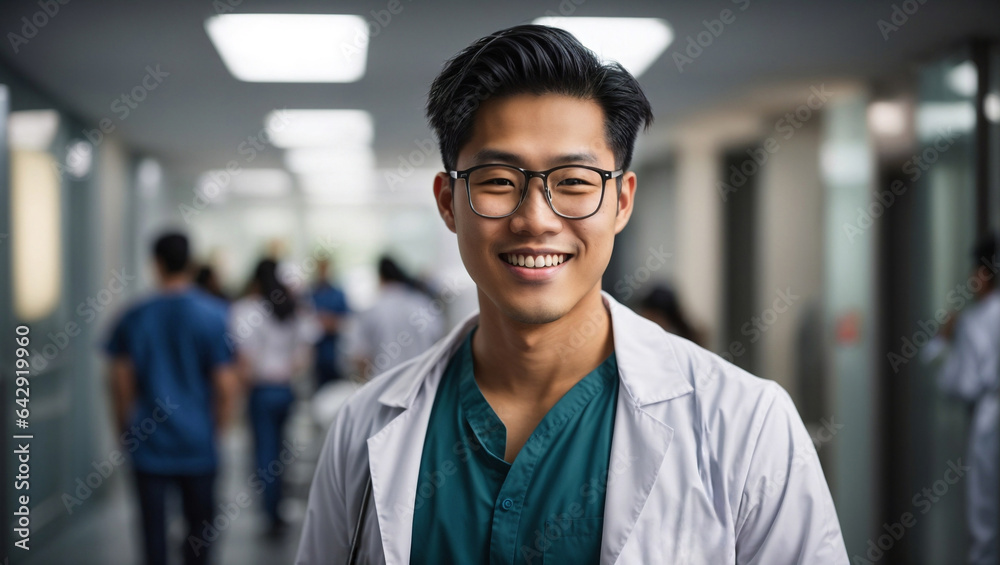 Ritratto di un dottore di origini asiatiche in ospedale, con occhiali, medico professionale Ritratto di un dottore di origini asiatiche in ospedale, con occhiali, medico professionale