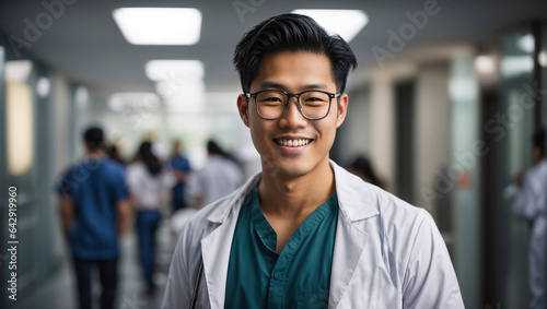 Ritratto di un dottore di origini asiatiche in ospedale, con occhiali, medico professionale