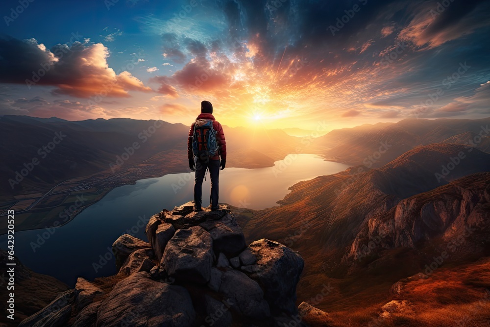 A person stands on a cliff, silhouetted against a beautiful sunrise over a mountainous landscape with a lake.