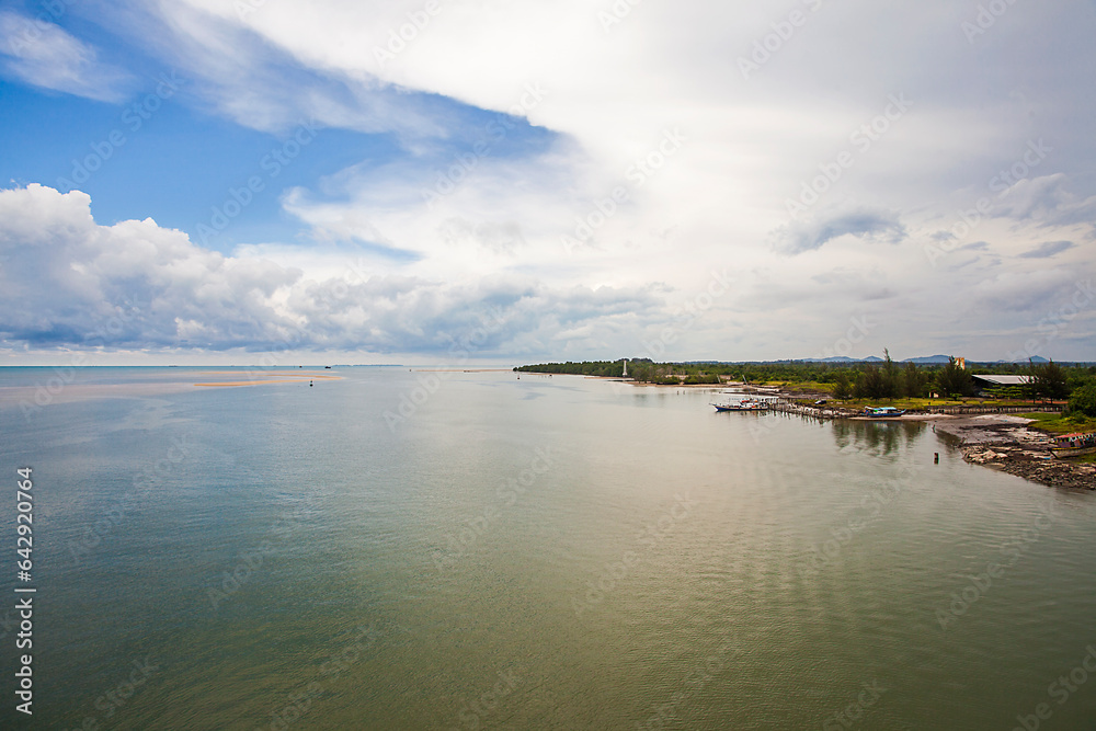 Beautiful seascape of Pasir Padi beach in Pangkal Pinang, Bangka, Indonesia from Emas Bridge.