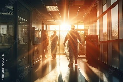 Medical professionals wearing blue scrubs walk down a hospital corridor with a bright light shining through the windows and motion blur effect.