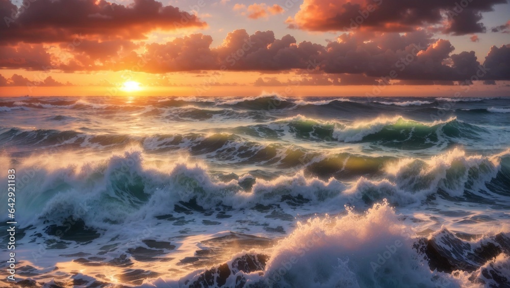 Breath taking sunset scenery over the foamy ocean