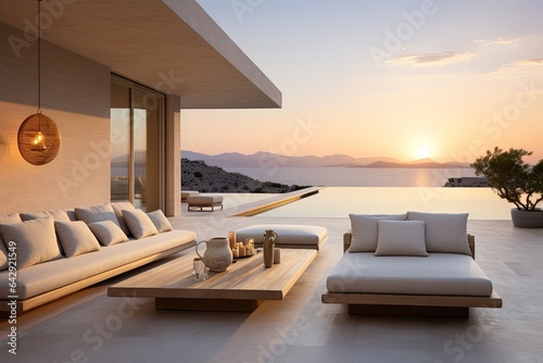 A modern outdoor living space with a white sectional sofa, wooden coffee table, and ocean view at sunset.