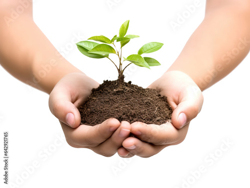 Realistic hand holding plant isolated on transparent background