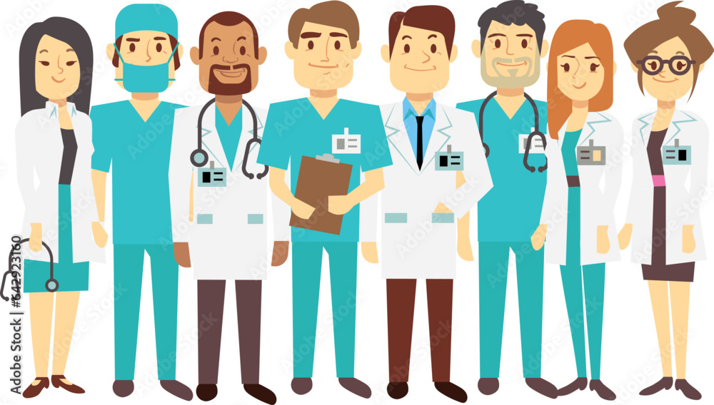 Medical staff standing together. Cartoon doctors nad nurses