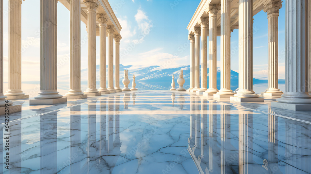 Fototapeta premium Greek temple-inspired office with columns and marble steps