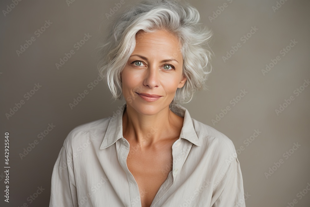 a clean studio portrait of a gorgeous middle-aged caucasian woman with blond silver hair in white blouse looking into the camera smiling, grey background