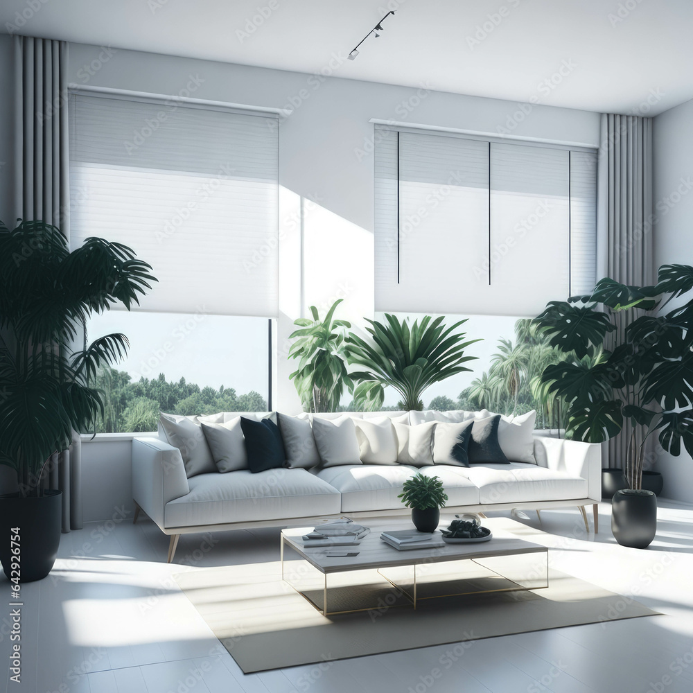 Modern Living Room Interior Design, Cozy Sofa With Pillows And Large Roller Blinds On Windows , Generative Ai Modern Living Room Interior Design, Cozy Sofa With Pillows And Large Roller Blinds On Windows , Generative Ai