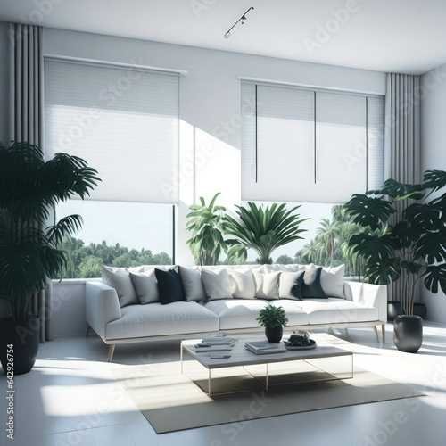 Modern Living Room Interior Design  Cozy Sofa With Pillows And Large Roller Blinds On Windows   Generative Ai