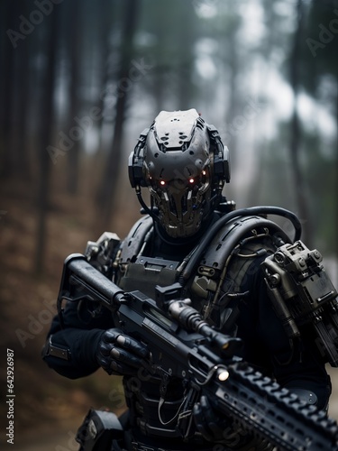 A close-up of a robotic humanoid perfect soldier with red eye looking into the camera. Super detailed military gaming equipment. © Romana