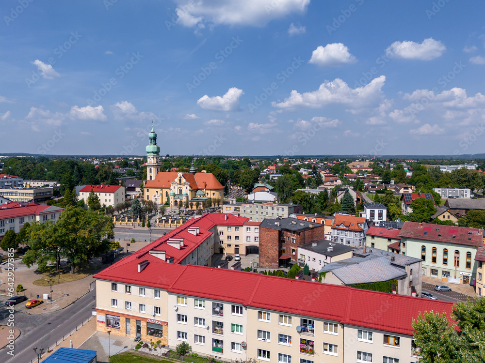 Aerial view of Tychy. Church of St. Mary Magdalene in Tychy located in city center of Tychy. Silesian Voivodeship. Poland.