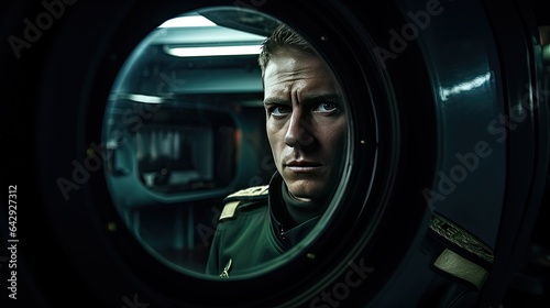 Model portraying a naval officer, looking through a ship's porthole