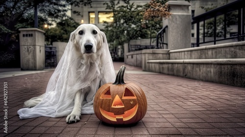 a dog dressed as a ghost sitting next to a carved halloween pumpkin on the sidewalk in front of a house