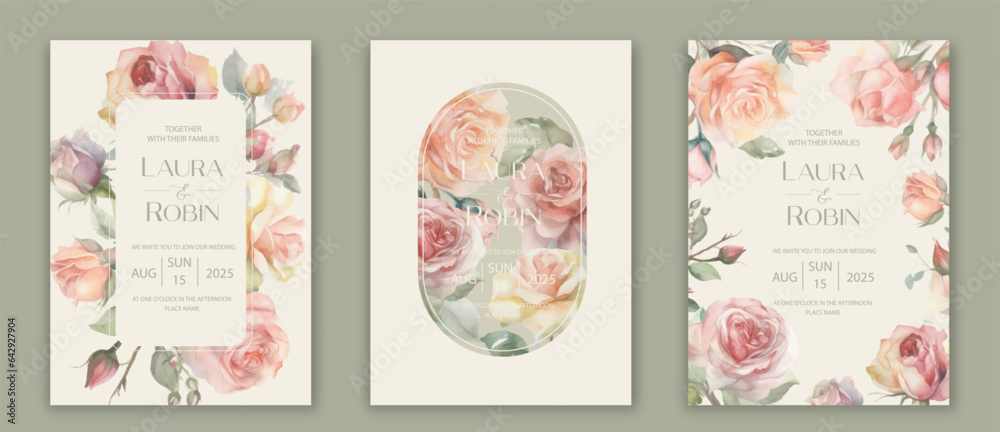 Wedding  Invitation Card Design with watercolor garden roses.