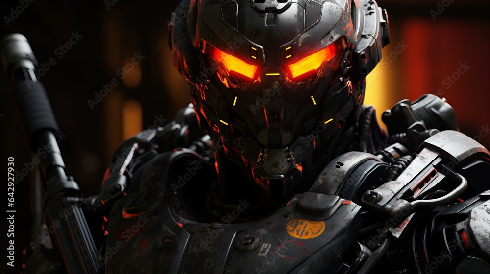 A close-up of a robotic humanoid perfect soldier with red eye looking into the camera. Super detailed military gaming equipment. A close-up of a robotic humanoid perfect soldier with red eye looking into the camera. Super detailed military gaming equipment.