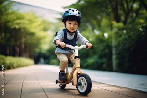 First Steps to Cycling: Asian Kid Playfully Learns to Ride with a Balance Bike - Early Cycling Adventures © pkproject
