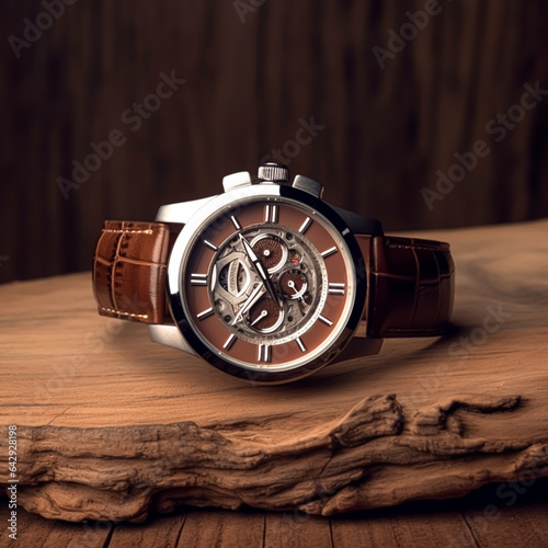 Luxury mens watch commercial concept prototype, bespoke design on dark wood background, generative ai