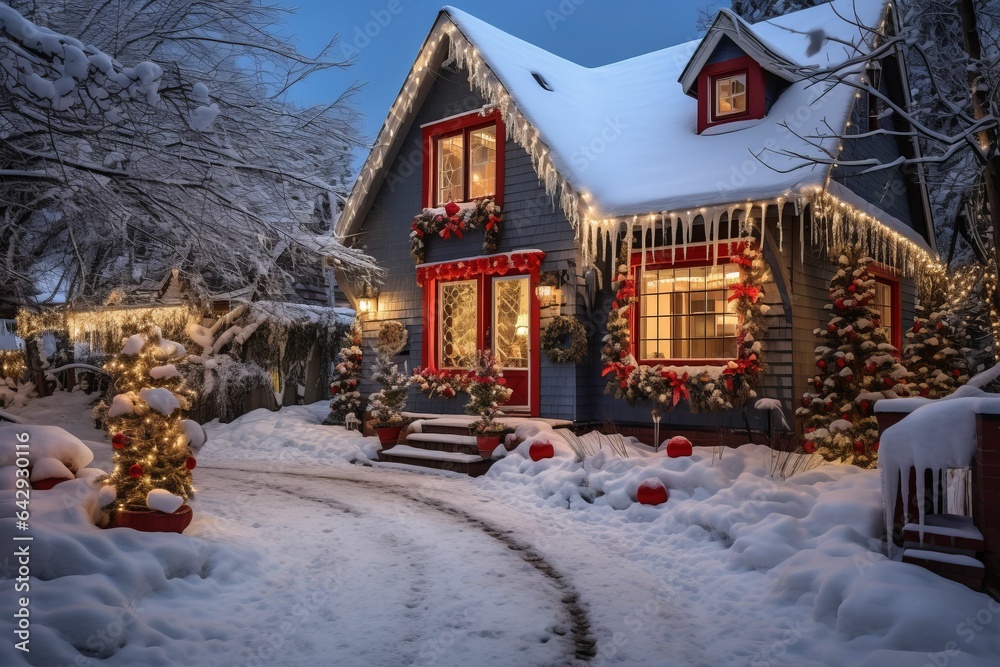 Christmas decorated house on a cozy winter street. AI generated