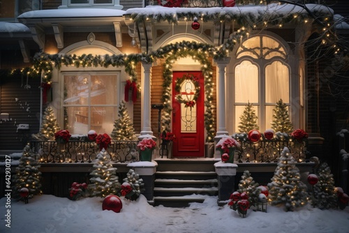 Christmas decorated house on a cozy winter street. AI generated