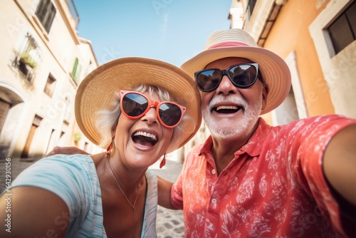 Senior happy couple selfie in a travel. Elderly man and woman takes selfie photo. AI generated