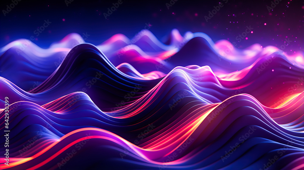 Pulsating neon waves simulating a futuristic soundscape visualization