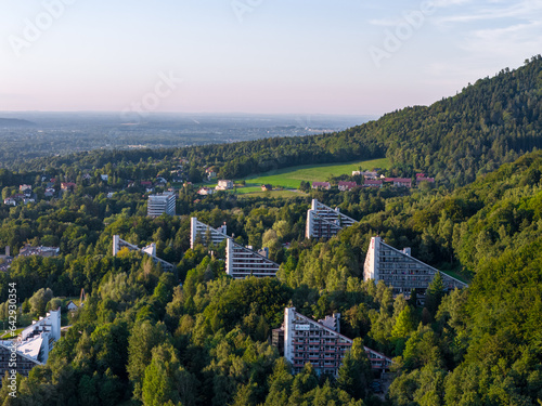 Ustron Aerial View. Scenery of the town and health resort in Ustron on the hills of the Silesian Beskids. Poland.