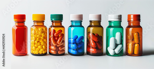 Set of tablets in glass bottles - capsules on a white background. Pharmacy bottle pill medicine, drug concept.