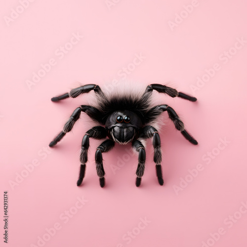 Black spider with hairy legs on pastel pink background, minimal Halloween concept.